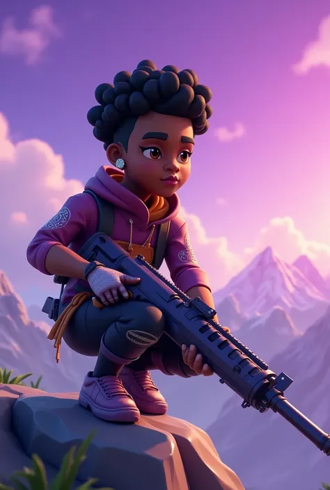 view image crouching down Anamatied She’s/ he’s in a Fortnite game  dressed like a Fortnite character in the game on a mountain holding a big gun,purple world in the sky says juice world ,(mulatto teen male chubby cheeks big lips hazel eyes vvs diamond ear...