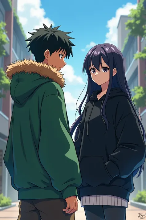 Two teenagers, one in a green sweatshirt with brown fur and the other with a black sweatshirt hanging on some strings in an epic anime-style way 