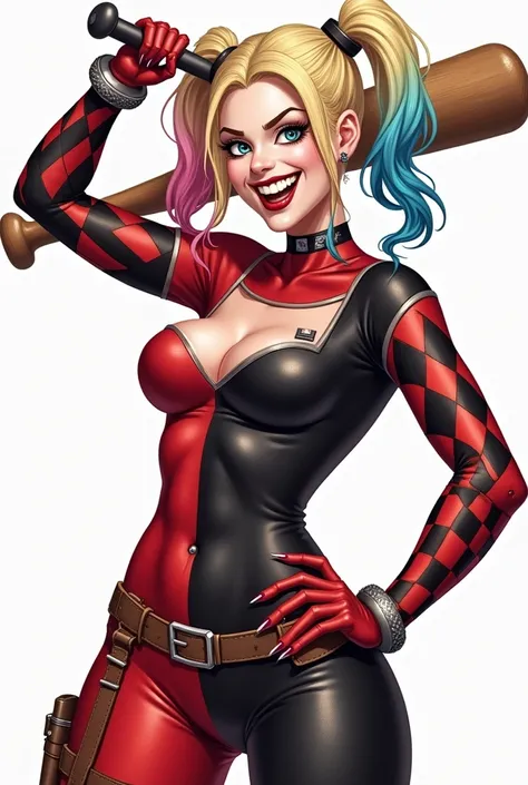 Drawing of Harley Queen from the waist up pointing with a baseball bat and a hand on her hip