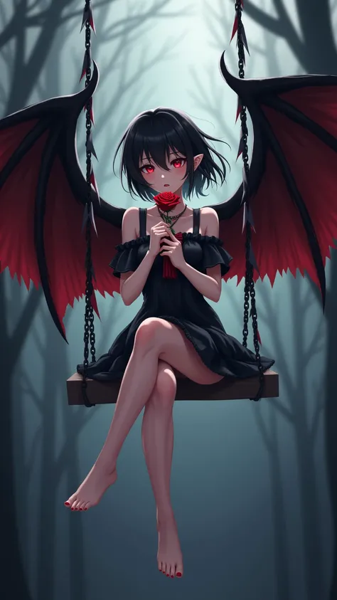  She is a pretty anime demon girl with black wings ,  Half human , Her eyes are bright red and her hair is short black ,  in her hands she has a red rose and is sitting on a swing 