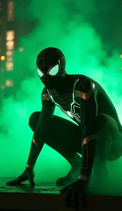 "A fierce Spider-Man in a black and green glowing suit, crouched on a platform and surrounded by an eerie green mist, cinematic composition, photorealistic details, intense focus on the reflective surface of his mask and glowing web shooters, dark and myst...