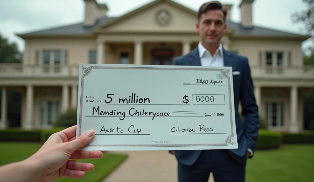  A zoomed-in focus of Olivia’s hand holding a large check with “$5 Million” written on it. In the background, Ethan is faintly visible, standing next to a grand mansion, looking proud and composed.