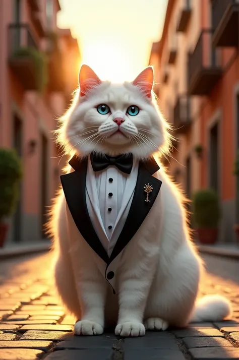 White Persian cat with blue eyes elegant tuxedo standing on old street in Spain at sunset 