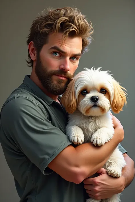 make a man with dark blond hair, big beard and blue eyes, approximately 30 years old, holding a white shitzu dog with caramel highlights 