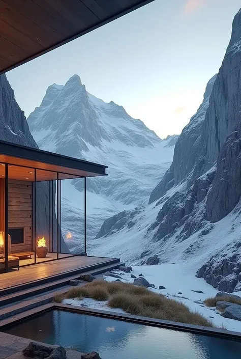 drawing of a modern refuge in the high mountains, View from the inside