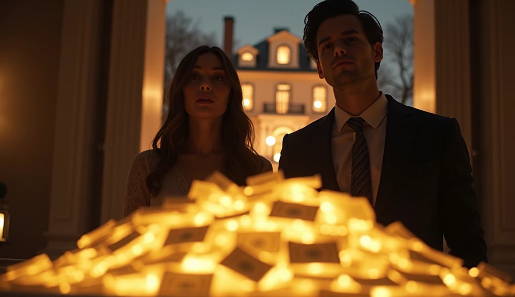 Olivia and Ethan stand side by side, but Ethan is semi-shadowed to give him a mysterious vibe. In the foreground, there’s a large pile of glowing money with “$10 Million Inheritance?” written dramatically. Olivia looks shocked, while the luxurious mansion ...