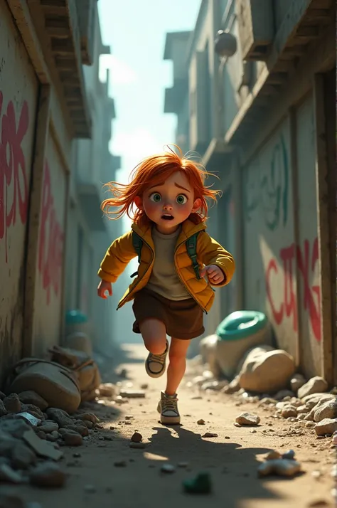 A short, orange-haired girl in a brown skirt and worn yellow jacket runs fearfully through a narrow, post-apocalyptic alleyway. The surroundings are dilapidated buildings, scattered debris, and a dim light from an overcast, oppressive sky. The style is Pix...