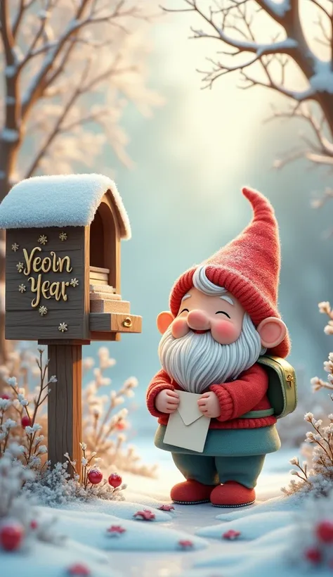 

New Years card, with a letter in her hands, a little cute fluffy gnome  stands near the mailbox with letters, delicate pastel shades of color, Christmas, snow, frost, beautiful, HDR