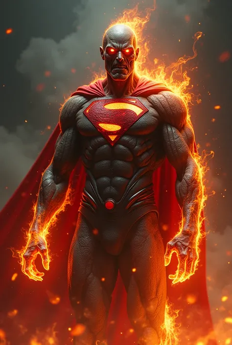 A Crazy zombie Superman who is on fire and looks evil 