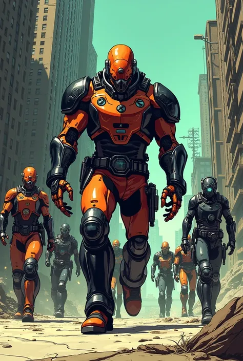  Im doing a storyboard and I need to recreate the images with the following but in manga: Vignette 2:  A gang of  " cyberpunks "  with shiny implants is chasing it ,  led by a huge guy with mechanical arms!. (leader: "Rex ,  returns the code !")