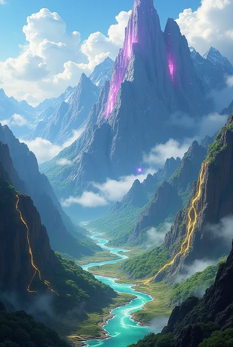 /imagine brilliant amethyst and emerald mountain range, light reflecting off sparkling surfaces, veins of gold shimmer in the sunlight --v 5 --q 2