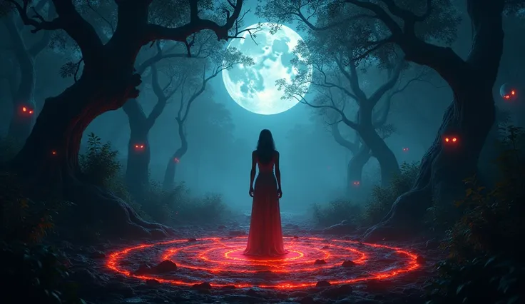 Prompt:
A dense, haunted jungle at midnight, lit by the eerie glow of a full moon. A young woman stands in a clearing, performing a ritual. She’s surrounded by glowing red symbols drawn on the ground. Strange, twisted trees loom overhead, and glowing red e...