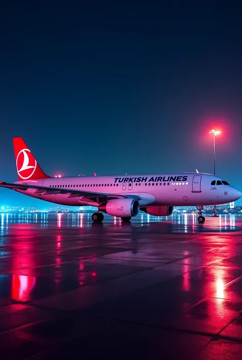 turkish airlines a321 neo istanbul havalimanında soldan çekim gece ve neon ışıkları