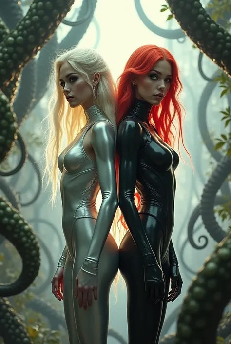 Two alien girls, one with long blonde hair in reflective silver tights, the other with red hair and green eyes in a black super suit, both with snow-white skin and radiant smiles. Whole body, full body, Perfect light, chiaroscuro, dramatic light, award-win...