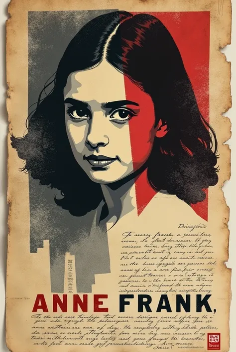 Poster that says “Anne Frank 2025 .80th anniversary ,  1929-1945” simulating an A4 diary with characteristics of constructivism