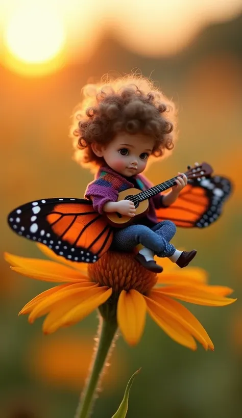 Macro photograph of a minuscule bard with curly brown hair, dressed in a vibrant patchwork cloak, playing a lute no larger than a toothpick. He sits cross-legged on the back of a monarch butterfly, its vivid orange and black wings spread wide in flight. Th...