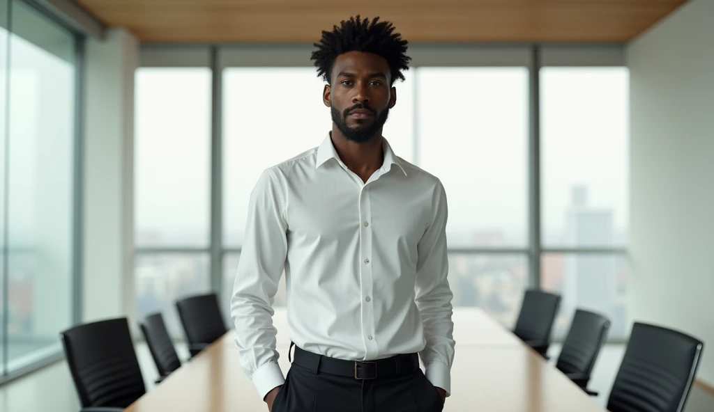 A 28-year-old African man with chocolate-brown skin, tall and lean with a slightly muscular build. He has short, well-groomed, slightly curly hair and a youthful face with a serious, reserved expression, and a fine beard. Dressed in a fitted white shirt an...