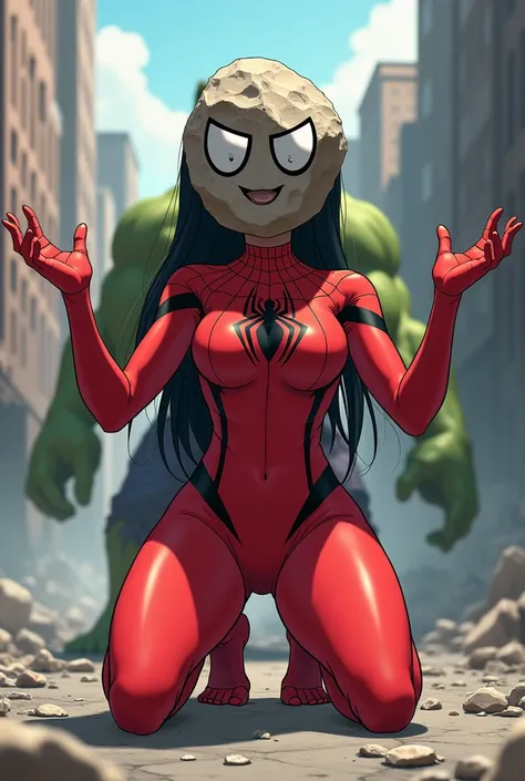 girl, anime, Dressed as a red Spiderwoman, red suit,  a big rock replaces her head  , kneeling, Arms outstretched,  The big rock completely replaces your head , The rock has a happy face ,  your head is not visible because the graden rock completely replac...