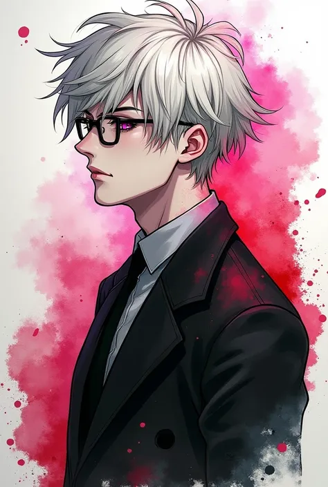 androgynous, upper body, full colour illustration, animated, black watercolor paint, splashed, sharp, goth, edgy, homosexual, bright background, vibrant paint, masterpiece, masculine, Arcane inspired anime, boy, platinum blonde, glasses, dark, serious, mal...