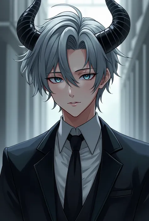 devil, Gray hair, Horns, young man, elegant suit, anime