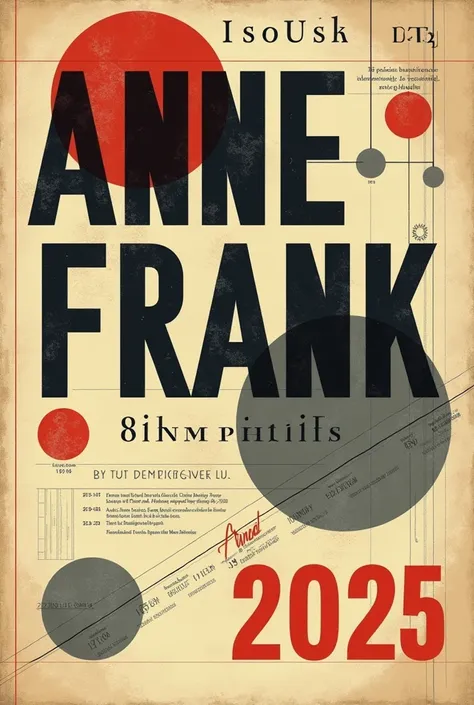 Poster that says “Anne Frank 2025 .80th anniversary , 1929-1945” simulating an A4 diary with characteristics of constructivism and Bauhaus