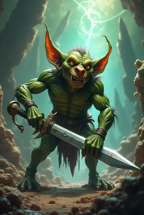 Masterpiece, Best Quality, 8K, Photographic Reality, Realistic, Full Body Image, fantasy background, regular goblin monster (dnd) with a poisonous dagger