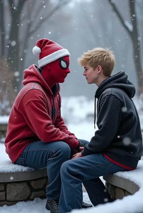 Spider-Man with hoodie and Christmas hat ,  sitting on a bench , Talking to a blond twenty-year-old man in black and red sweatshirts, while its snowing .