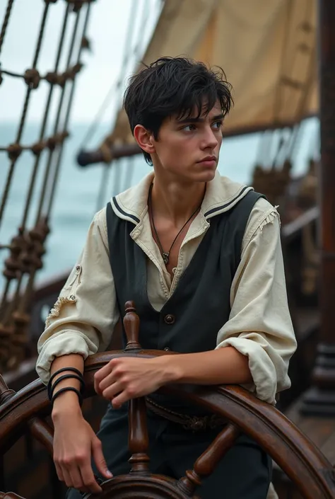  a young sailor at the helm of a 17th-century ship   , looks into the distance,   pretty face , грязный face, focused eyes,   grey eyes  ,   short dark hair ,   used a sailors traditional torn clothes ,   habitable at the back of a wooden ship , mast with ...