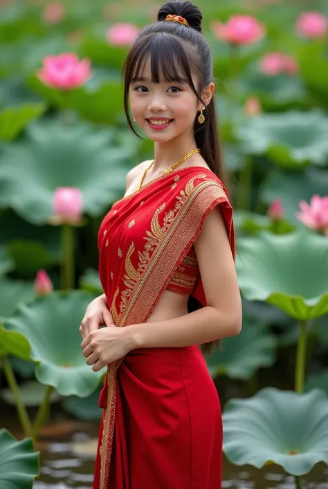 Photo A beautiful looking girl wearing a red Thai excavated Koh Nang Ram with a glittering gold border, standing with a lotus in a stream, a backdrop of lotus flowers, colorful flowers, 1MP high detail