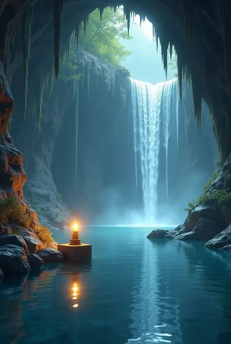 Visualize an ethereal cave where a glowing lamp rests on a block beside a still lake, reflecting the cascading waterfall that echoes softly in the enclosed space."