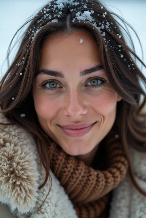 Woman brown skin tone ,  head leaning back ,  photo taken from above, using a, snow falling on your face ,  of selfie skin in front of the camera , oval face,  high angle view ,(  Big breasts :1.2), smiling,  Her light green eyes  