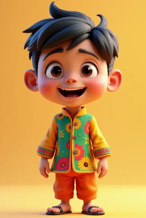 @16December Bangladesh flight :Create a 3D illustration of an animated character of a boy  smiling and wearing a bright multiple colours combination Bangladesh fight 