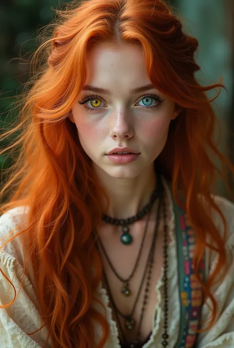 Beautiful girl with long red hair with heterochromia one yellow and one blue eye dressed as a bohemian 