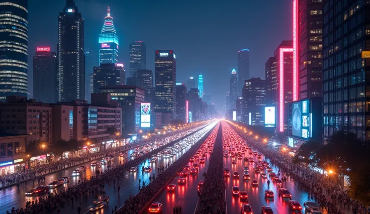 Abidjan at night, with glowing skyscrapers, busy streets filled with moving cars, and a vibrant, festive street ambiance."