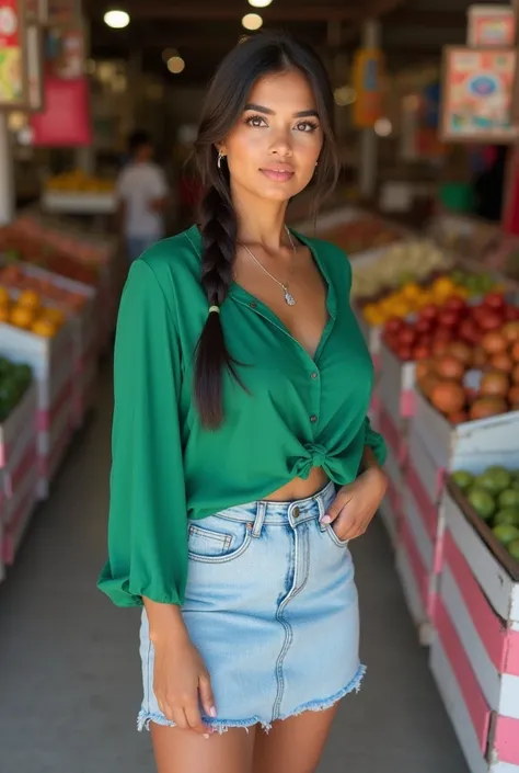 A Mexican young woman, from a small town, with dark skin, black eyes, straight eyelashes, long hair in a braid, pink lips, large breasts, and a big buttock. She is wearing a green blouse, a light blue pencil skirt, and sandals. She is in a Mexican market.