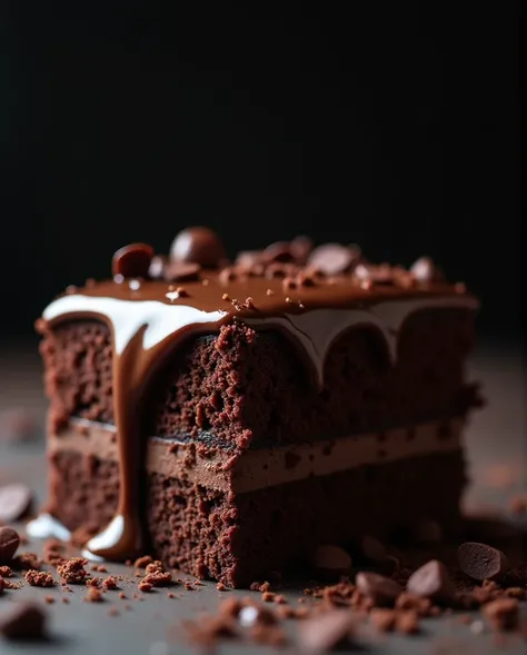 Chocolate movie scene, chocolate cake, dark background, high quality photo, wet texture, frosting, studio photo, slide, shallow depth of field, vignette, high detail, big budget, bokeh, cinematic, moody, epic, gorgeous, film grain, grainy