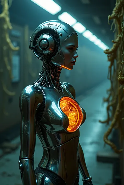 Fully chromed android girl with a cyber girl leather face with a latex shell with mechanisms in the neck and an open generator in the chest that glows against the background of a corridor with alien bio masses