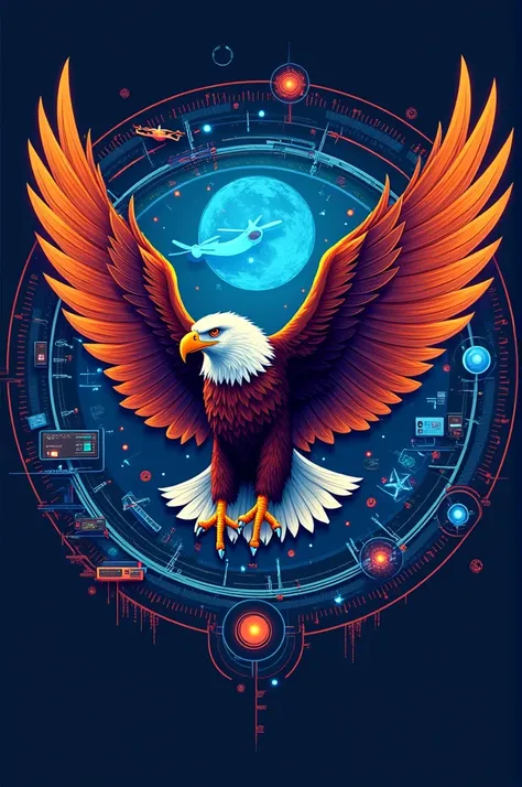 Create a logo for the IT department. The logo should be round. The logo should have a beautiful eagle. The background of the symbol should have things that depict an IT department such as computers, network cables and fiber optics, drones, walkie-talkies, ...