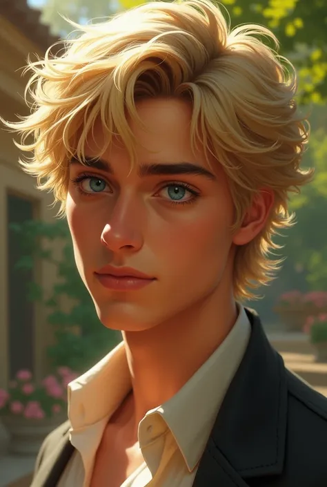 Prince blond with blue eyes and tanned tea.  short, messy hair  