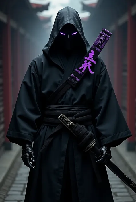 A samurai  wearing a black kimono and a black hoodie and a faceless black mask with an Onoru a sword and with a wide black blade with purple Japanese letters in the middle of the katana