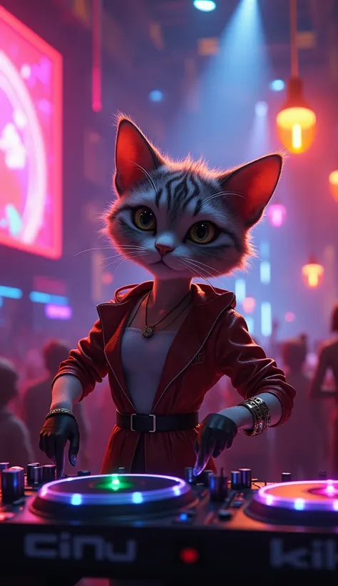 Masterpiece. Photorealism. . Pixar. Dynamic plot. Cute anthropomorphic cat DJ. Nightclub. High resolution, lots of details, stills from the film, DJ positions. Perfect anatomy.