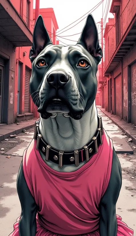 The image shows a red and black ink illustration of a close-up of a Bullterrier dog in a pink skirt and a punk collar. Crying. On a dangerous street in Bogota. Sarcastic and funny image.
