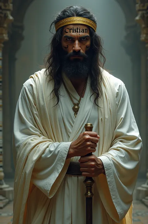  A man with a sealed eye ,  with Arabic letters on his burnt forehead , Where it says Cristiano ,  dressed in white with a cane in one hand ,  and puts a very deep look ,  his long hair and a gold headband on his head