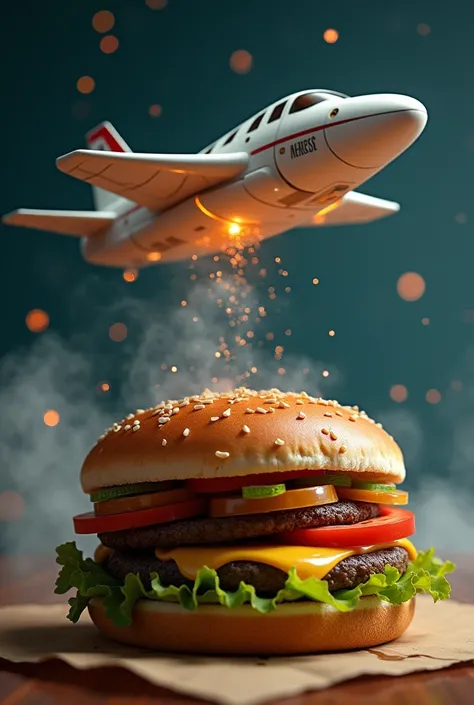 A hamburger that has a spaceship landing on it