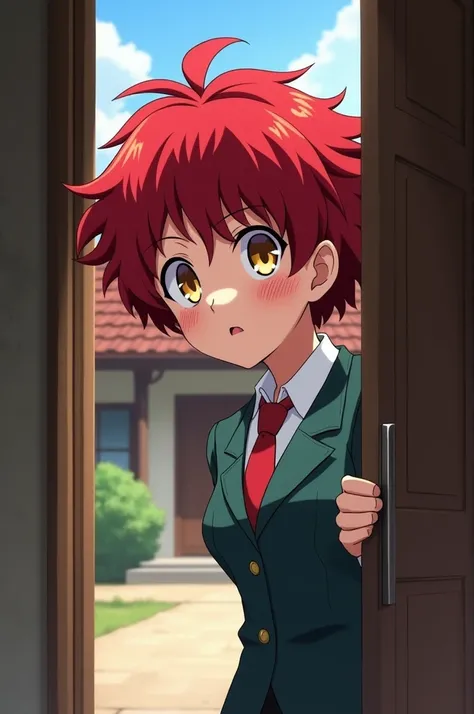 Boku no hero academia,One with short red hair, with golden eyes,   , with a confused expression,  rosy cheeks , Opening a door of a house, Wearing a uniform  