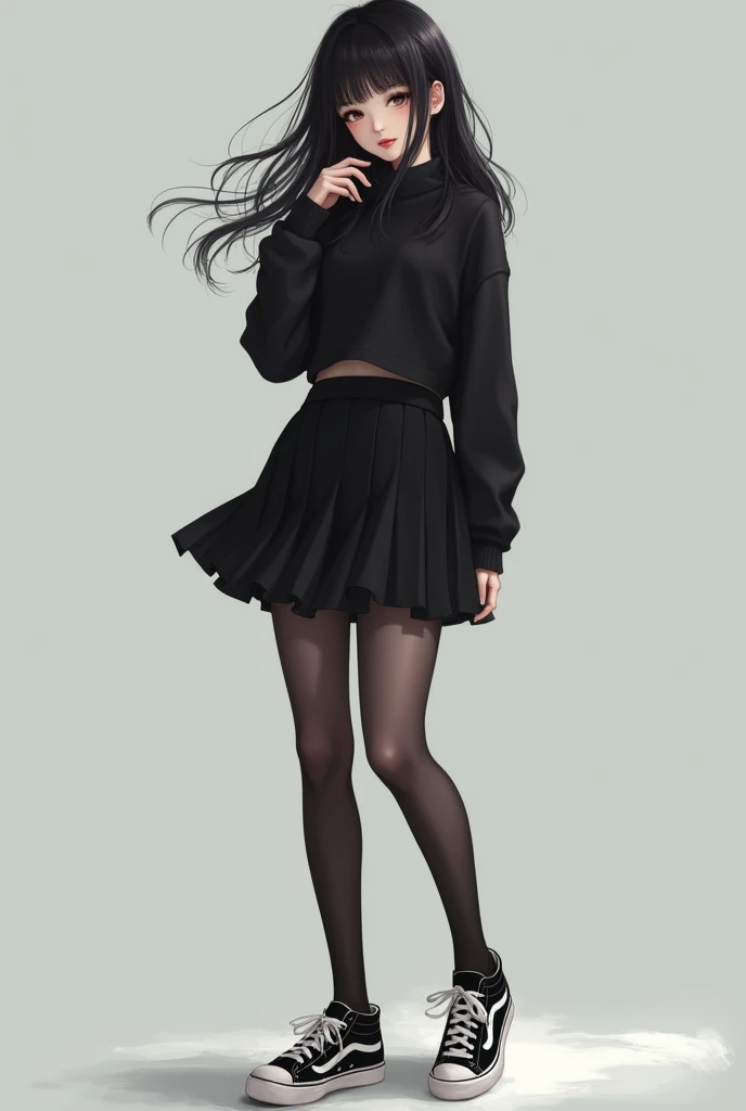 Cute girl with dark hair ,dark skirt,top dark,  dark knee-length stockings and black and white sneakers