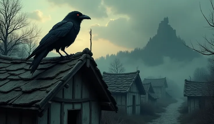 large black crow perches on the roof of an old, abandoned house in a deserted village. Its eyes glint eerily in the fading light of dusk. The rooftop is covered in broken tiles, and the house seems ready to collapse. In the distance, a dark forest looms, i...