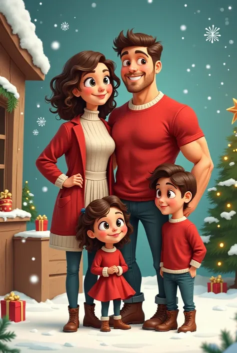  Cartoon family 
with Christmas clothes where the
Dad looks fitness, mother, Curly haired daughter ,  and two sons one older than the other 