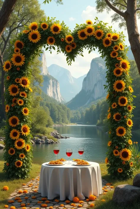  Create an image of a large arch decorated with sunflowers ,  in a forest with trees in the shape of hearts ,   in the middle of the arch there is a table with two plates of authentic Italian pasta, with two glasses of wine ,  in the background you can see...