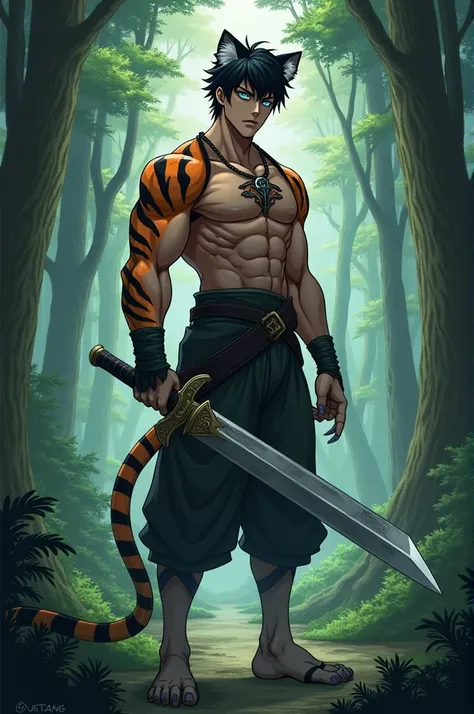 Personnage style animé fantaisie homme avec des oreille de tigre noire cheveux  courts noire yeux bleue pas trop musclée assez grands avec des griffes acérées tenant une épée en fer basique avec des vêtement basique sans armure apparente il est debout on v...